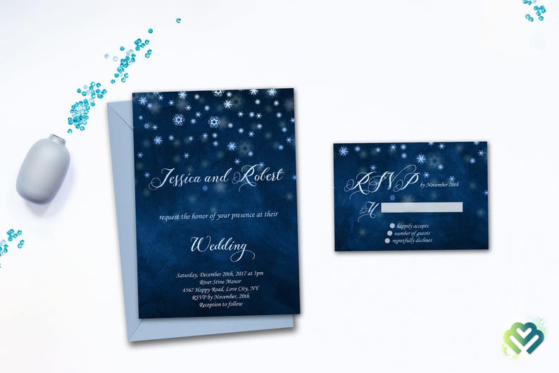 Winter Wedding Invitation Set Snowflake Wedding Invitation Snow Winter Wedding Invite Blue Invitations Romantic Winter Snow Wedding Suite image 5