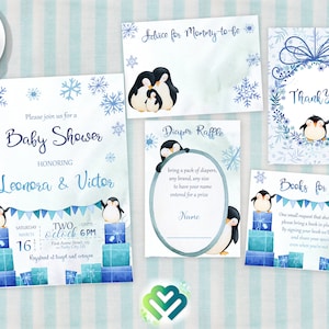 Pinguïn Baby shower uitnodigen winter baby douche uitnodiging baby jongen douche uitnodigingen afdrukbare uitnodigingen luier verloting pinguïn thema blauw