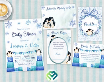 May include: A set of printable baby shower invitations featuring a winter theme with penguins, snowflakes, and blue and white gift boxes. The invitations include a baby shower invitation, a diaper raffle card, a thank you card, and a books for baby card. The text on the invitation reads "Please join us for a Baby Shower Honoring Leonora & Victor Saturday, March 16th, Two o'clock 6PM Find Address Street, City, ST Registered at Target and Wayfair"
