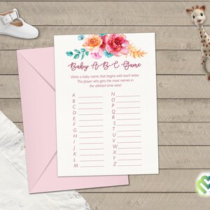 May include: A printable baby shower game card with a floral design. The card has the title "Baby A-B-C Game" and instructions to write a baby name that begins with each letter of the alphabet. The player with the most names wins.