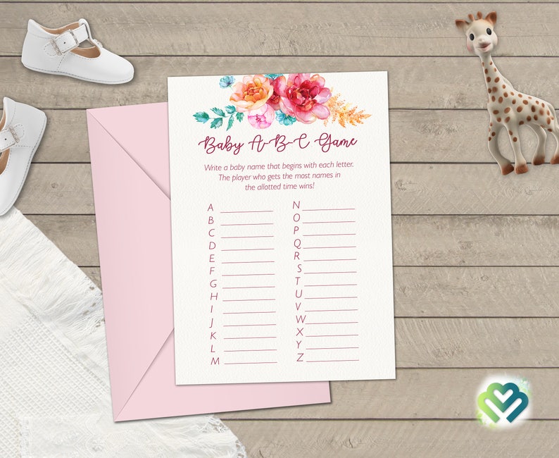 May include: A printable baby shower game card with a floral design. The card has the title "Baby A-B-C Game" and instructions to write a baby name that begins with each letter of the alphabet. The player with the most names wins.