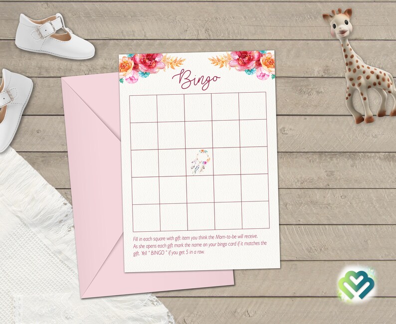 May include: A printable bingo card with a floral design and the word "Bingo" in a pink script font. The card has a 5x5 grid with blank squares. The text below the grid reads "Fill in each square with gift item you think the Mom-to-be will receive. As she opens each gift mark the name on your bingo card if it matches the gift. Get "BINGO" if you get 5 in a row."