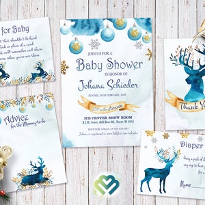 Woodland Deer Baby Shower Invitation Hiver Bleu Baby Shower Inviter Genre Neutre Baby Shower Invite Livres pour Bébé Couche Carte de Tombola