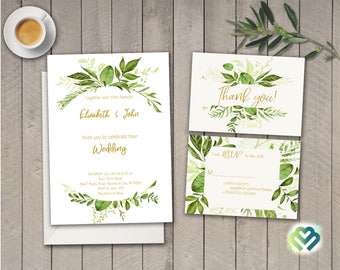 Woodland Wedding Invitation Green Leaves Garden Wedding Printable  Nature Wedding Forest Wedding Suite Outdoor Wedding Invites Light Invites