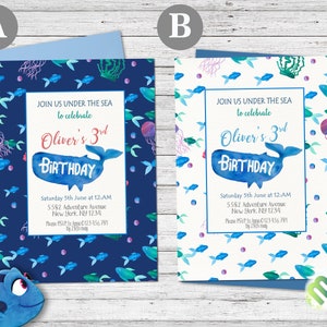 Boy&#39;s Birthday Invitation Under the Sea Birthday Invitation First Birthday Invite Digital Printable Invite Ocean Invitation Navy Blue Whale