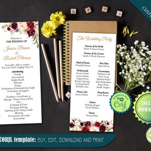 Könnte beinhalten: Eine druckbare Vorlage für ein Hochzeitszeremonie-Programm mit einem floralen Design mit burgunderfarbenen und rosafarbenen Blumen. Das Programm enthält die Hochzeitsgesellschaft, die Zeremoniedetails und den Text "Bearbeitbare CORJL-Vorlage: KAUFEN, BEARBEITEN, HERUNTERLADEN UND DRUCKEN".