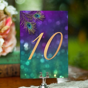 Peacock Wedding Table Numbers Purple Gold Wedding Decor Banquet Table Numbers Printable Table Numbers 11-20 Event Table Numbers Party Table