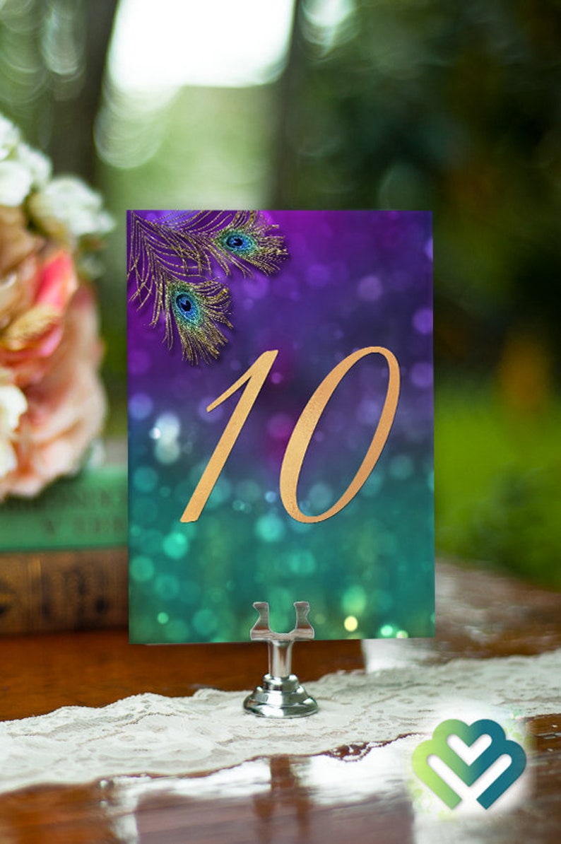 Peacock Wedding Table Numbers Purple Gold Wedding Decor Etsy