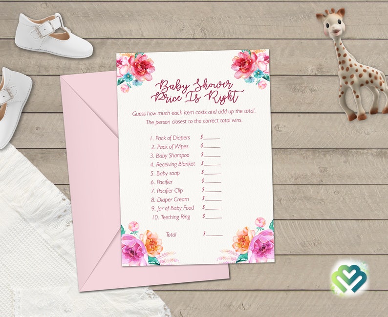 May include: A pink and white baby shower game card with floral illustrations. The game is called "Price is Right" and asks players to guess the price of various baby items.