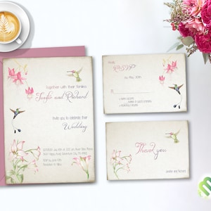 May include: A wedding invitation suite with a vintage aesthetic. The set includes an invitation, RSVP card, and thank you card. Each card features watercolor illustrations of hummingbirds and flowers, with the names "Jenifer and Richard" and wedding details.