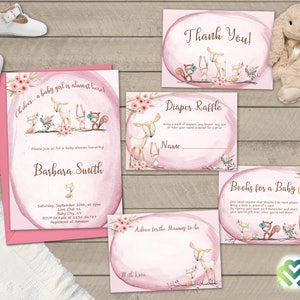 May include: Pink and brown baby shower invitation cards with a woodland animal theme. The cards feature a deer, a squirrel, a rabbit, and a fox. The text on the cards includes "Oh deer... a baby girl is almost here!" "Thank You!" "Diaper Raffle" "Books for a Baby" and "Advice for the Mommy-to-be".
