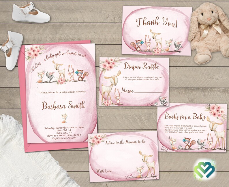 May include: Pink and brown baby shower invitation cards with a woodland animal theme. The cards feature a deer, a squirrel, a rabbit, and a fox. The text on the cards includes "Oh deer... a baby girl is almost here!" "Thank You!" "Diaper Raffle" "Books for a Baby" and "Advice for the Mommy-to-be".