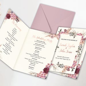 Burgundy Floral Folded Wedding Program Printable Wedding Ceremony Program Wedding Stationery Card Cream Bordo Floral Rose Gold Wedding Card