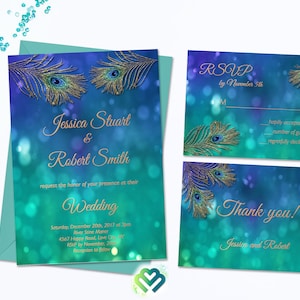 Peacock Wedding Invitation Set Blue Green Peacock Feather Wedding Invite Suite Printable Peacock Invitation Digital Peacock Art DIY Wedding