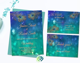 Peacock Wedding Invitation Set Blue Green Peacock Feather Wedding Invite Suite Printable Peacock Invitation Digital Peacock Art DIY Wedding