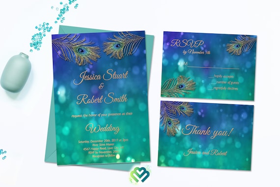 Peacock Wedding Invitation Set Blue Green Peacock Feather Etsy