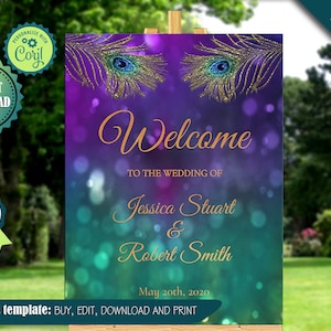 Editable Peacock Wedding Welcome Sign Peacock Purple Gold Wedding Welcome Poster Wedding Reception Decoration Peacock Bridal Stationery
