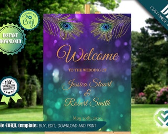 Editable Peacock Wedding Welcome Sign Peacock Purple Gold Wedding Welcome Poster Wedding Reception Decoration Peacock Bridal Stationery