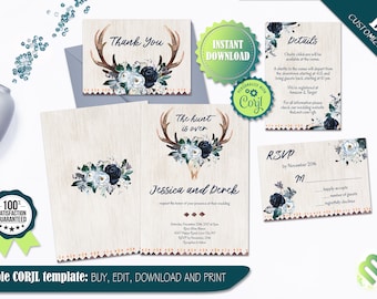 Editable Antlers Wedding Invitation Set Navy Boho Tribal Wedding &quot;The Hunt is Over&quot; Deer Skull Rustic Wedding Invite Boho Wedding Set Print