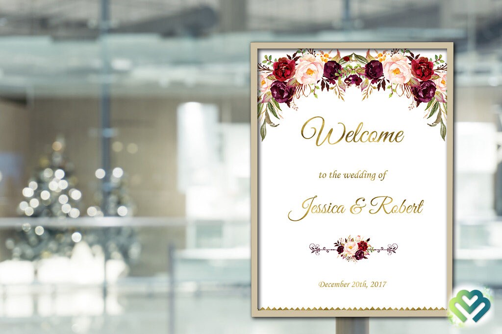 Marsala Burgundy Wedding Welcome Sign Printable Marsala Floral | Etsy