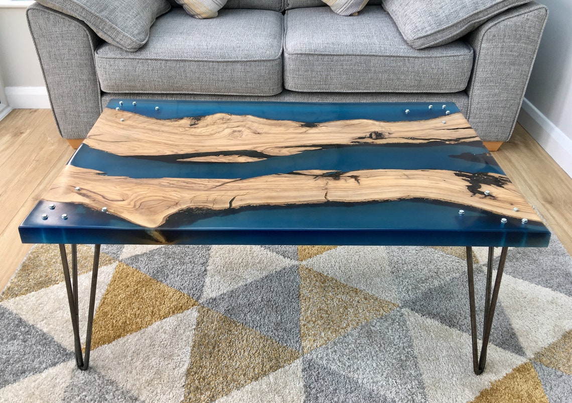 Olive wood and blue resin coffee table Etsy