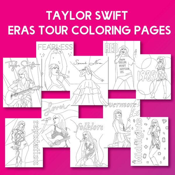 Taylor Eras Tour Coloring Pages, Albums, Swifties Coloring, Instant Downloads, Eras Tour Coloring, Swift Birthday Party Printables