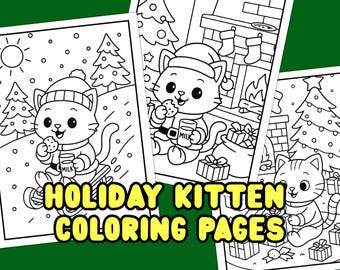 Holiday Cat Coloring Pages for Kids – Printable Holiday Kitten Coloring Page | Holiday Activity Sheets | Instant Download