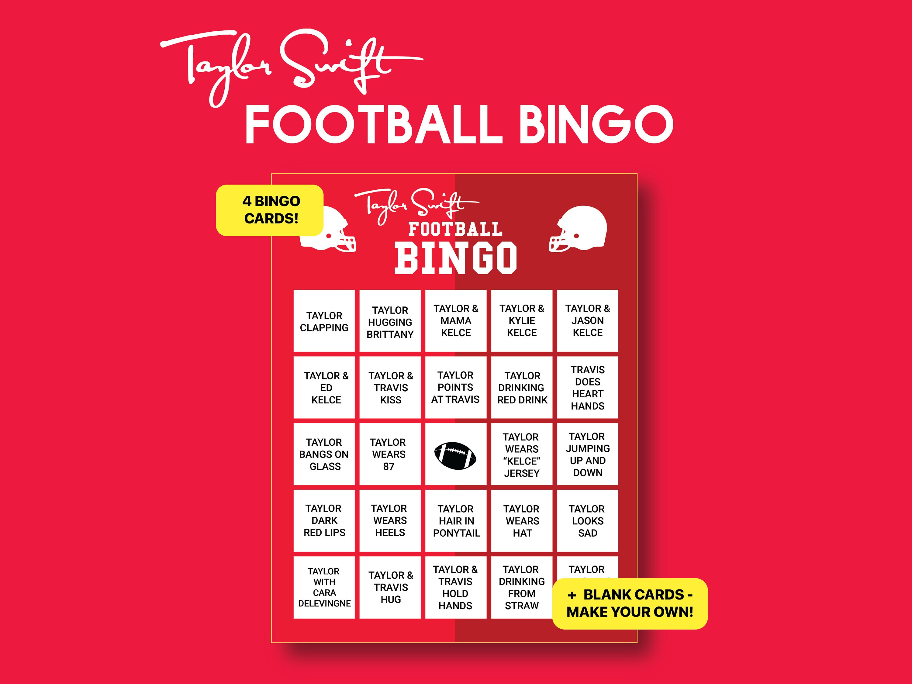 Taylor Swift Superbowl Party Bingo, Taylor Travis Football Bingo, Party game Swiftie Party Games In My Football Era, Taylor Swift Bingo
