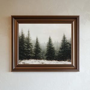 クリスマスの松林の風景プリント、アートプリントのダウンロード、常緑の松の木のクリスマス油絵、冬の印刷可能な壁アート