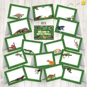 May include: A collection of rectangular folded place cards featuring a green reptile-skin pattern border and various illustrations of reptiles, amphibians, and spiders. One central card displays the text WELCOME TO REPTILE WORLD on the front.