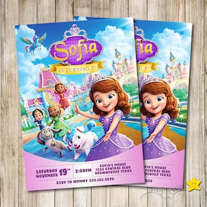 Puede incluir: Una tarjeta de invitación de cumpleaños con temática de Sofia la Primera, con Sofia en un vestido morado, un castillo y personajes animales. El texto incluye Sofia is turning 5, Saturday November 19th, 2:00PM, Sofia's House 1333 Central Blvd Brownsville Texas y RSVP to Mommy 234.123.5678.