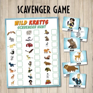 Peut inclure: Une feuille de jeu de chasse au trésor Wild Kratts avec une liste d'animaux et de personnages et des cases à cocher vides, accompagnée de six cartes séparées montrant des personnages et animaux dont Aviva, un ours, un cerf et Martin.