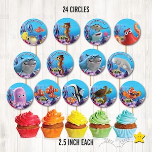 May include: Twenty-four circular cupcake toppers featuring underwater scenes with various animated sea creatures, including sharks, a seahorse, a turtle, and clownfish. Each topper is 2.5 inches and includes the text Happy Birthday.