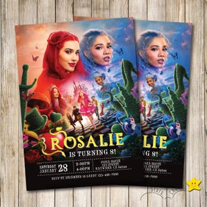 Może przedstawiać: Prostokątne zaproszenie na urodziny z fantastycznym kolażem przedstawiającym postacie, zamek i szachownicę. Tekst brzmi: ROSALIE IS TURNING 8! SATURDAY JANUARY 28, 2:00PM-4:00PM, PIZZA HOUSE 123 STREET, HAYWARD, CA 94544, RSVP BY DECEMBER 10 SANDY 123-456-7890.