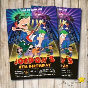 Faire-part d&#39;anniversaire personnalisé numérique. Invitation à la fête d&#39;anniversaire de Phineas et Ferb. Fête d&#39;anniversaire aventure. Invitation électronique. Sur commande
