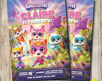 Digital Superkitties Birthday Invitation. Personalised for you invite. Any age