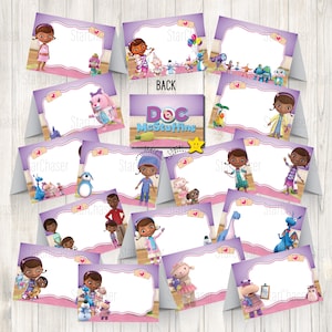 May include: A collection of Doc McStuffins themed folded cards featuring various cartoon characters, purple borders, and white rectangular spaces for text. The central card displays the Doc McStuffins logo with a bandage graphic over the letter O.