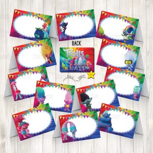 Direct downloaden: digitale voedseltent, gunst/goodies bag topper Trolls-voedseletiket, bord Trolls-feesttags. GEEN FYSIEKE ITEMS