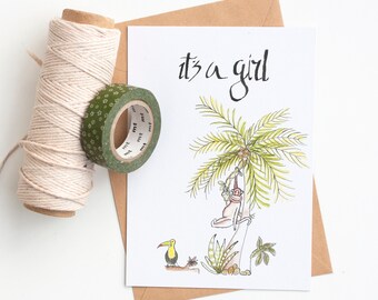 Congratulations newborn card in jungle theme | It's a girl baby card | Handmade with pen, ink and watercolour