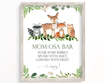 Mom-osa Bar Sign, Mimosa Bar Sign, Momosa Bar Sign Printable, Woodland Baby Shower Decoration, Greenery Baby Shower, Baby Shower Momosa, WG1