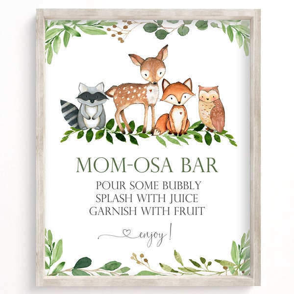 Mom-osa Bar Sign, Mimosa Bar Sign, Momosa Bar Sign Printable, Woodland Baby Shower Decoration, Greenery Baby Shower, Baby Shower Momosa, WG1