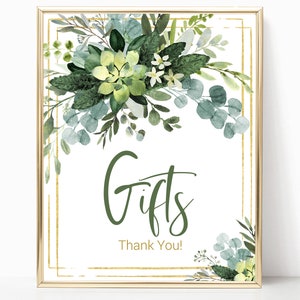 Greenery Gifts Table Sign, Baby Shower Gifts Sign, Gifts Table Printable, Greenery Baby Shower, Eucalyptus, Succulent, Green and Gold, GSP1