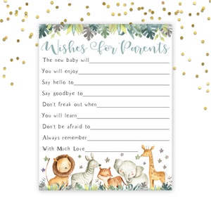 May include: A printable baby shower game card with a jungle theme. The card has a green and blue watercolour background with a list of wishes for the new parents. The card features a cute illustration of a lion, zebra, elephant, and giraffe.