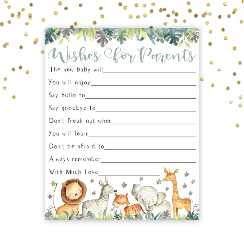 May include: A printable baby shower game card with a jungle theme. The card has a green and blue watercolour background with a list of wishes for the new parents. The card features a cute illustration of a lion, zebra, elephant, and giraffe.