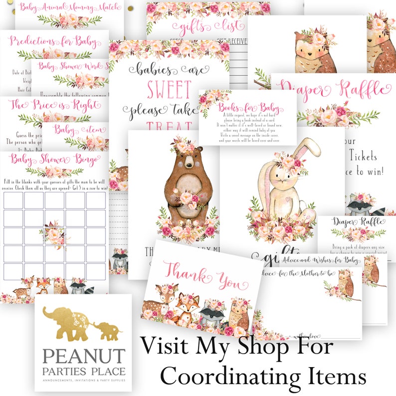 Puede incluir: Un conjunto de juegos de baby shower imprimibles con animales del bosque y detalles florales. Los juegos incluyen un juego de memoria, predicciones para el beb&eacute;, bingo de baby shower, una lista de regalos, una rifa de pa&ntilde;ales y una tarjeta de agradecimiento. El texto "Babies care sweet please take a treat" aparece en una de las tarjetas. El texto "Visit My Shop For Coordinating Items" aparece en una tarjeta separada.