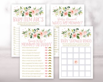May include: A set of printable baby shower game cards with floral designs. The games include "Baby Item ABC's", "Guess Who? Mommy or Daddy", "Baby Animal Who's My Mommy?" and "Baby Shower Bingo".