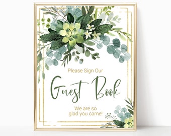 Greenery Baby Shower Guest Book Sign, Please Sign Our Guest Book, Greenery Baby Shower, Succulent, Greenery, Printable, Green, Gold, GSP1
