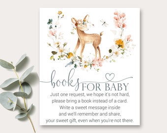Libros para baby shower, tarjetas para bebé, libros para insertar en tarjetas, solicitud de libros, flores del bosque, ciervo del bosque, rosa, imprimible, bosque, DP1