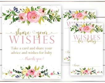 Wishes For Baby Sign and Card, Advice And Wishes For Baby, Floral Baby Shower Decor, Boho Baby Shower, Wishes For Baby Cards, Pink, PFP1