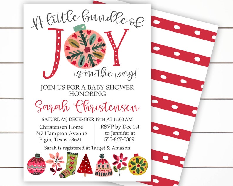 Christmas Baby Shower Invitation, Holiday Baby Shower Invitation, A little Bundle of Joy, Christmas Theme, Holiday Theme image 1